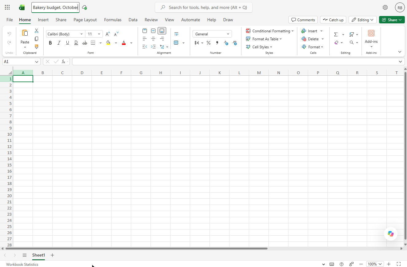 Excel for the web file name box with Bakery budget, October typed in