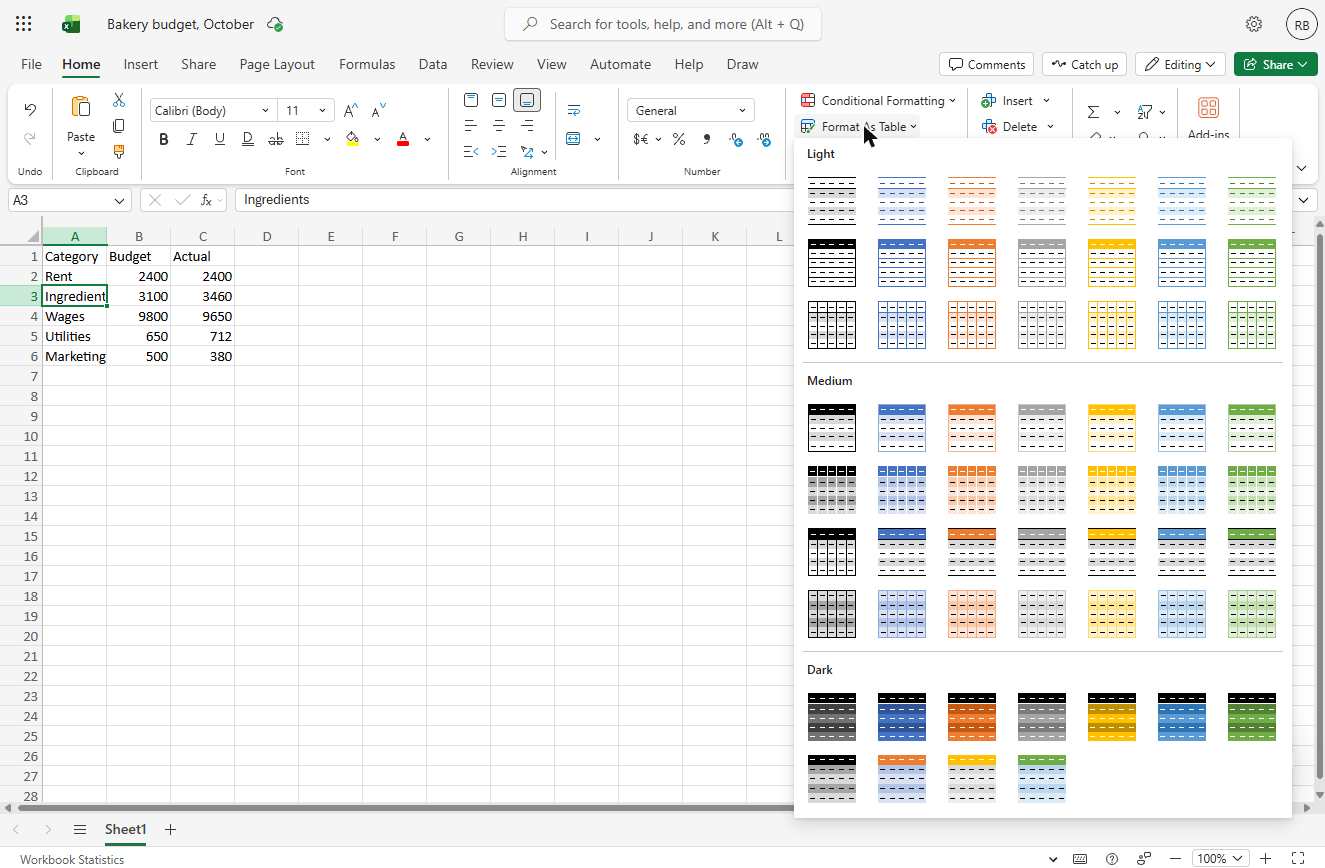 Excel for the web Format As Table gallery with light, medium and dark table styles