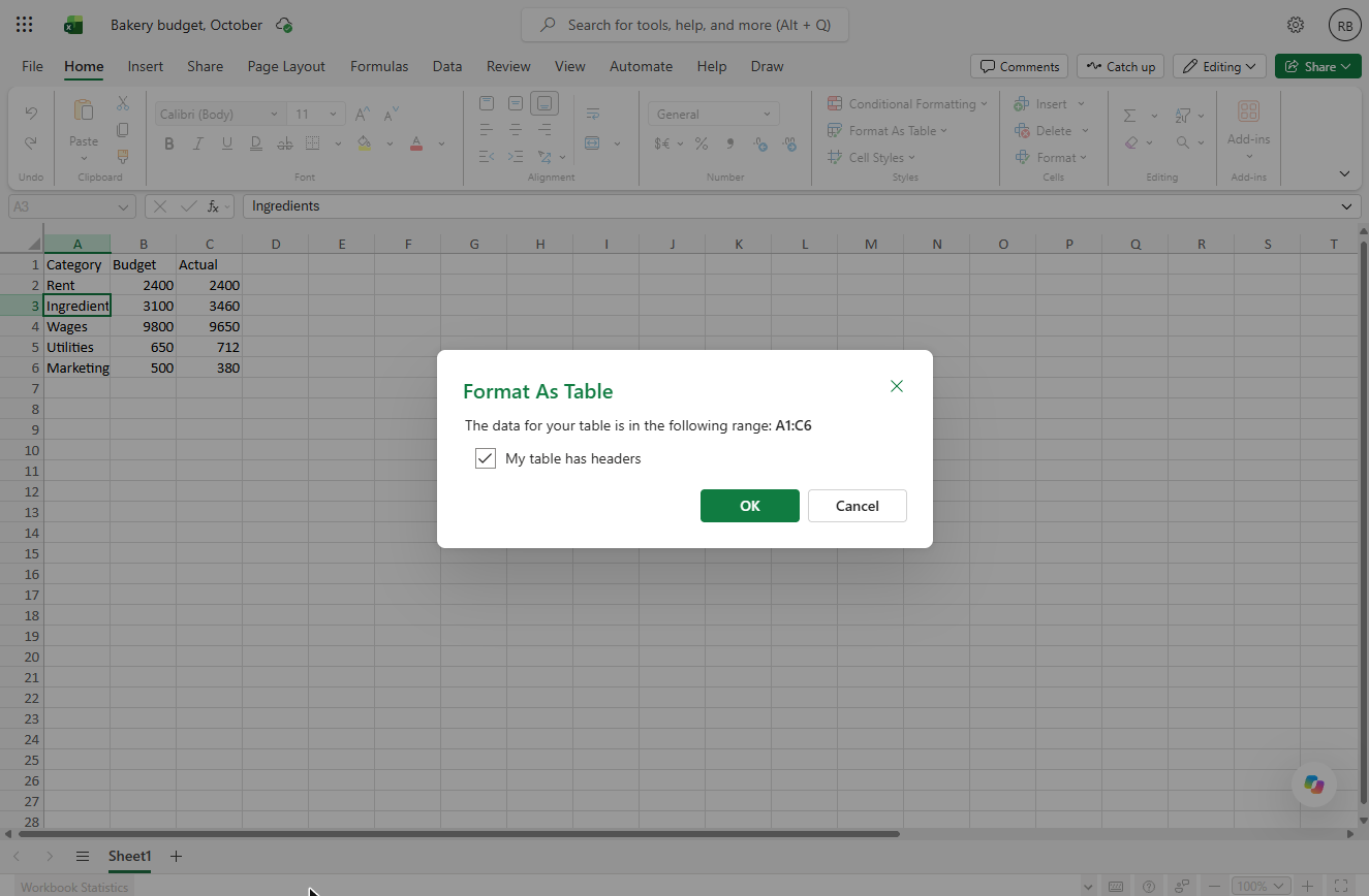 Format As Table dialog in Excel for the web: range A1:C6, My table has headers ticked