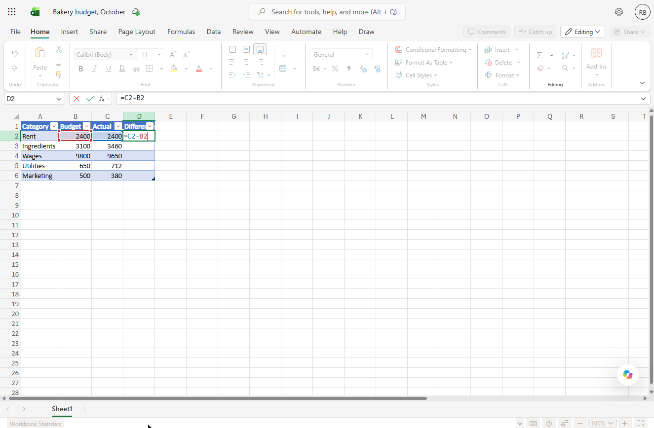 Formula =C2-B2 typed in cell D2 of the Excel table