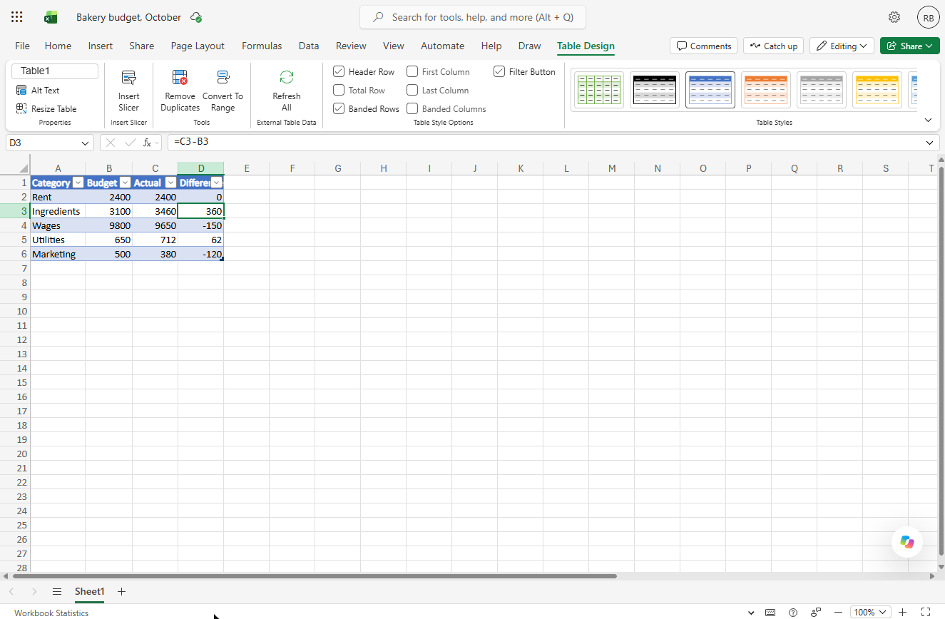 Excel for the web Table Design tab with Header Row, Total Row and Banded Rows options