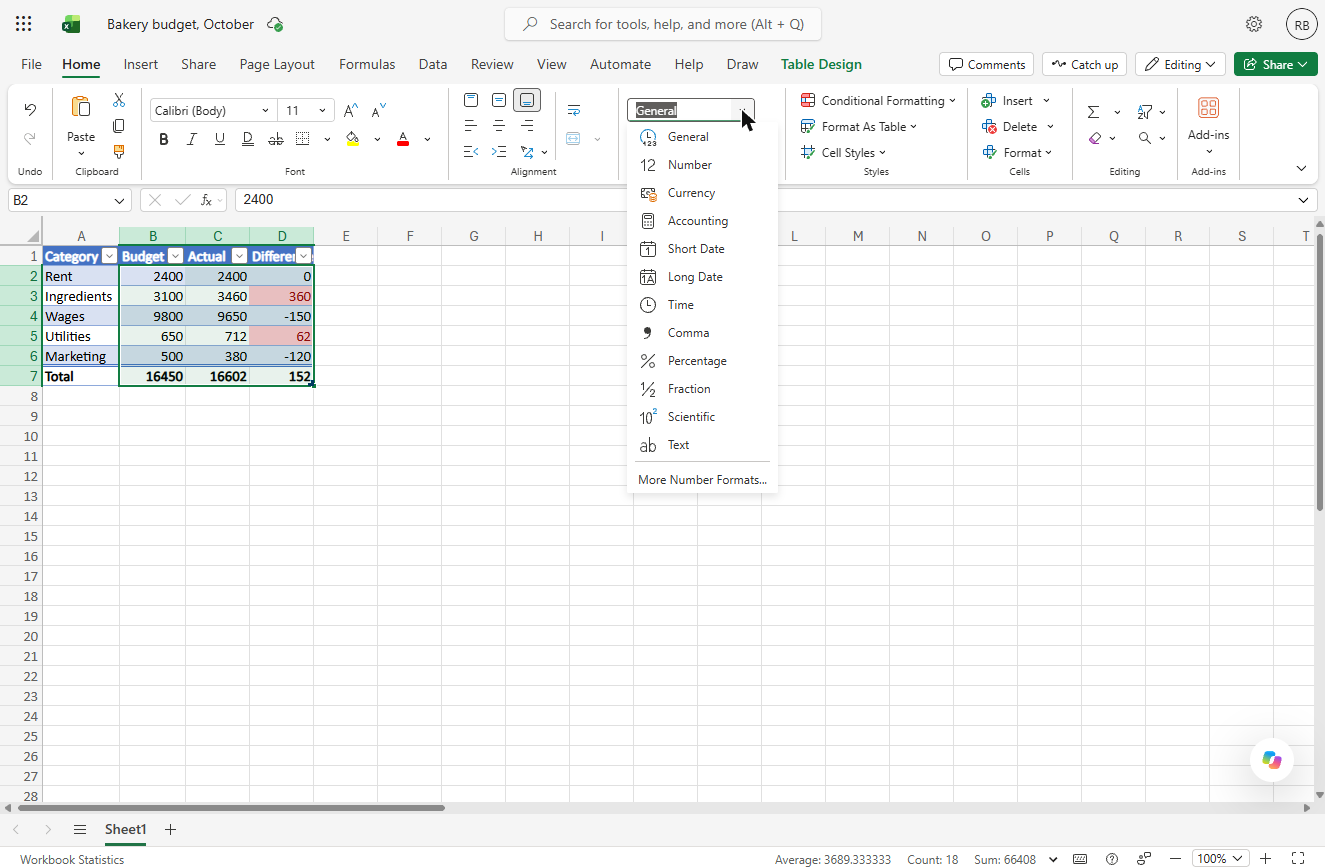 Excel for the web number format list with General, Number, Currency and Accounting