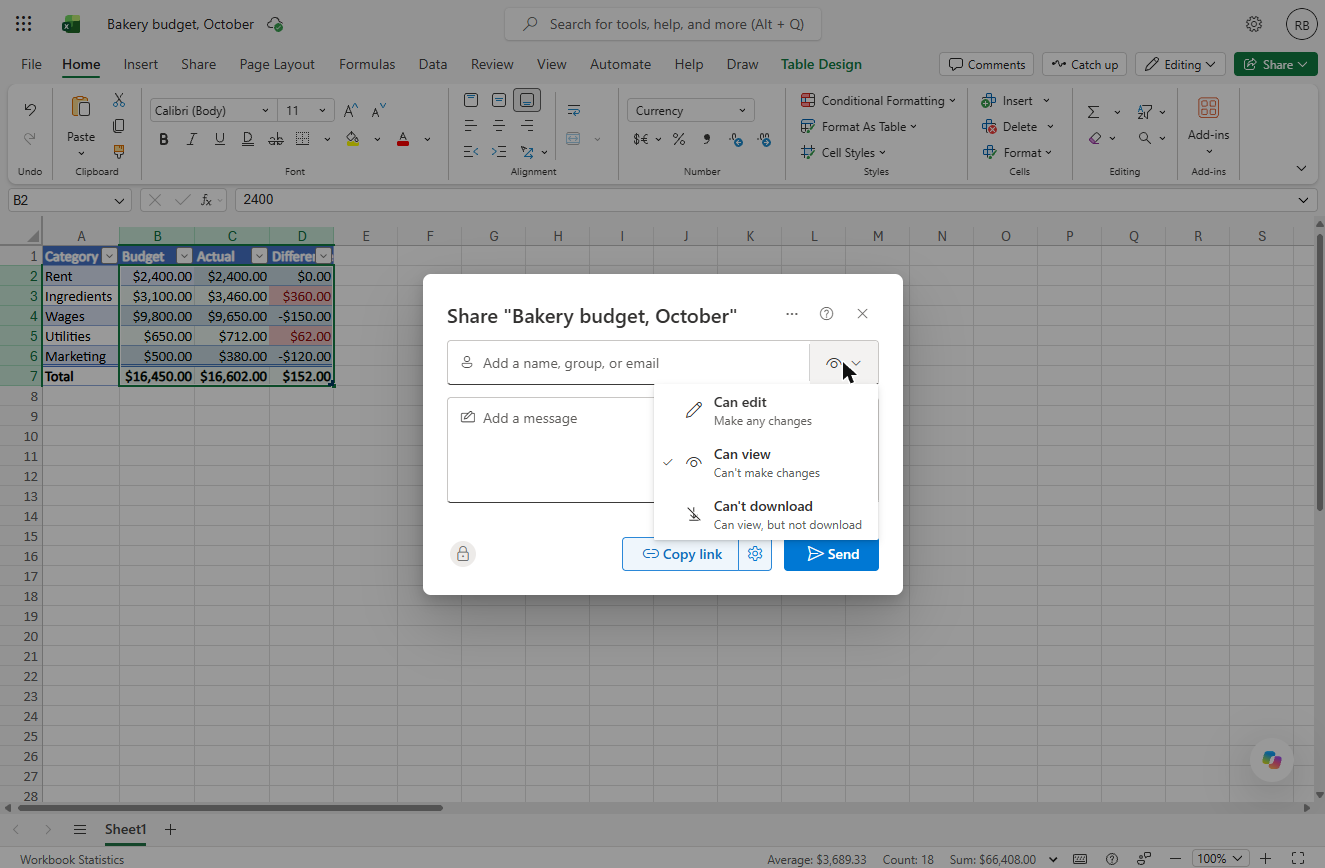 Excel for the web share permissions: Can edit, Can view and Can't download