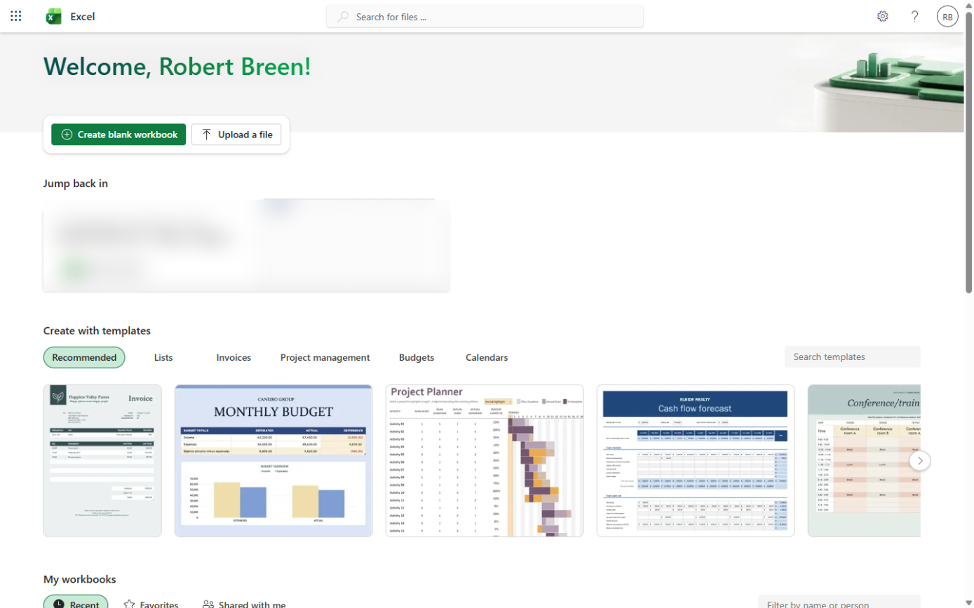 Excel for the web start page with Create blank workbook and templates