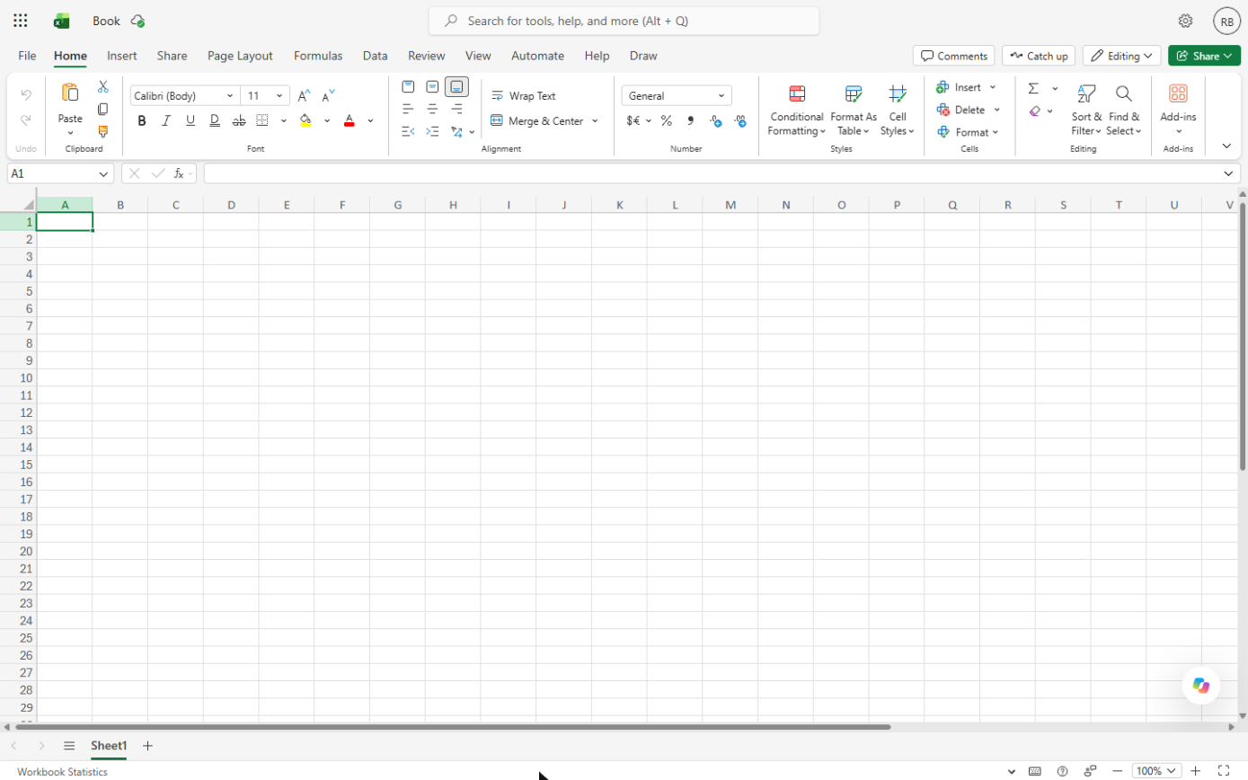 A new blank workbook in Excel for the web named Book