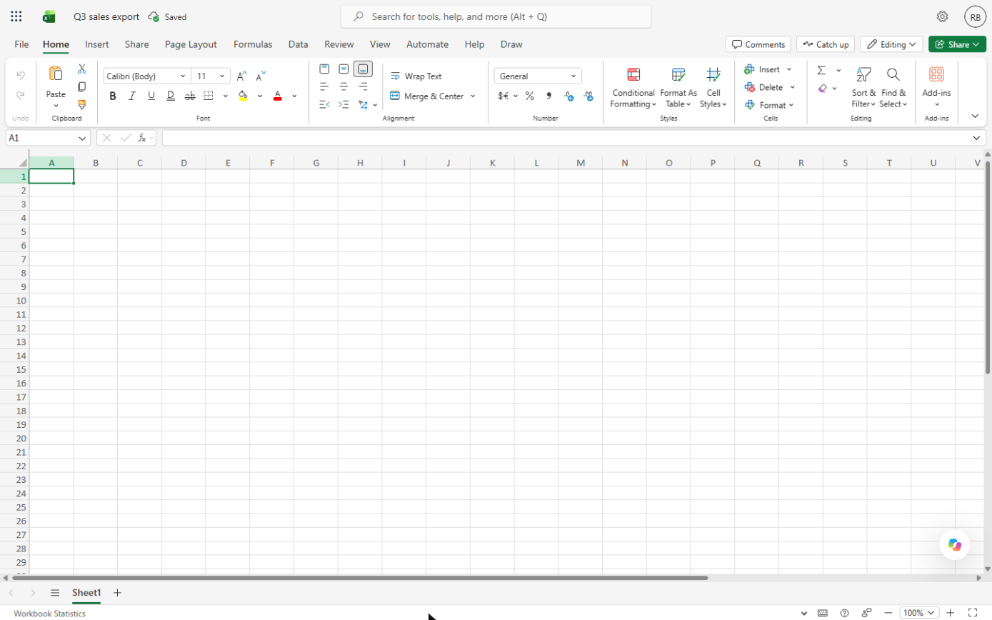An empty Excel for the web workbook renamed Q3 sales export