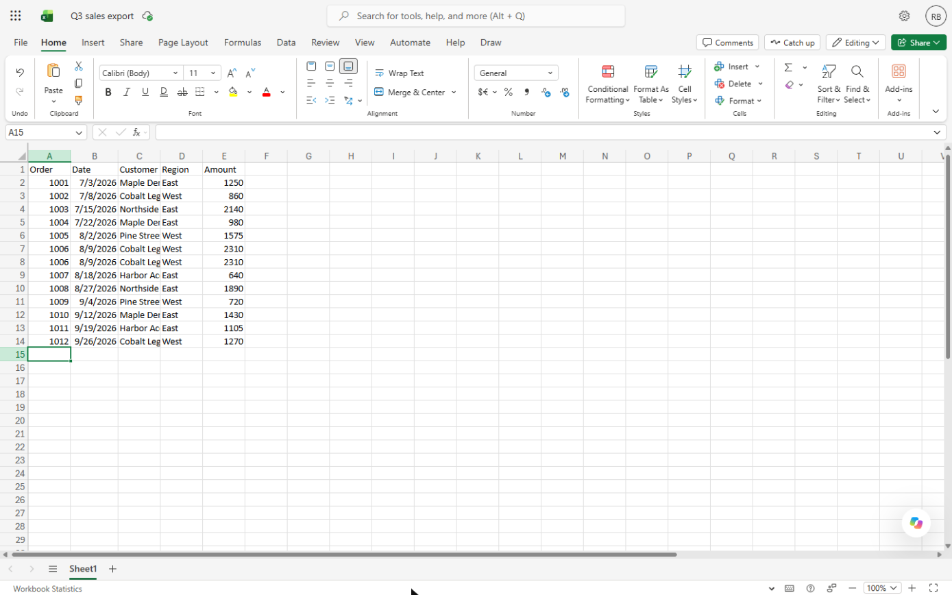 Q3 sales export in Excel for the web: Order, Date, Customer, Region and Amount for 13 rows, with order 1006 listed twice