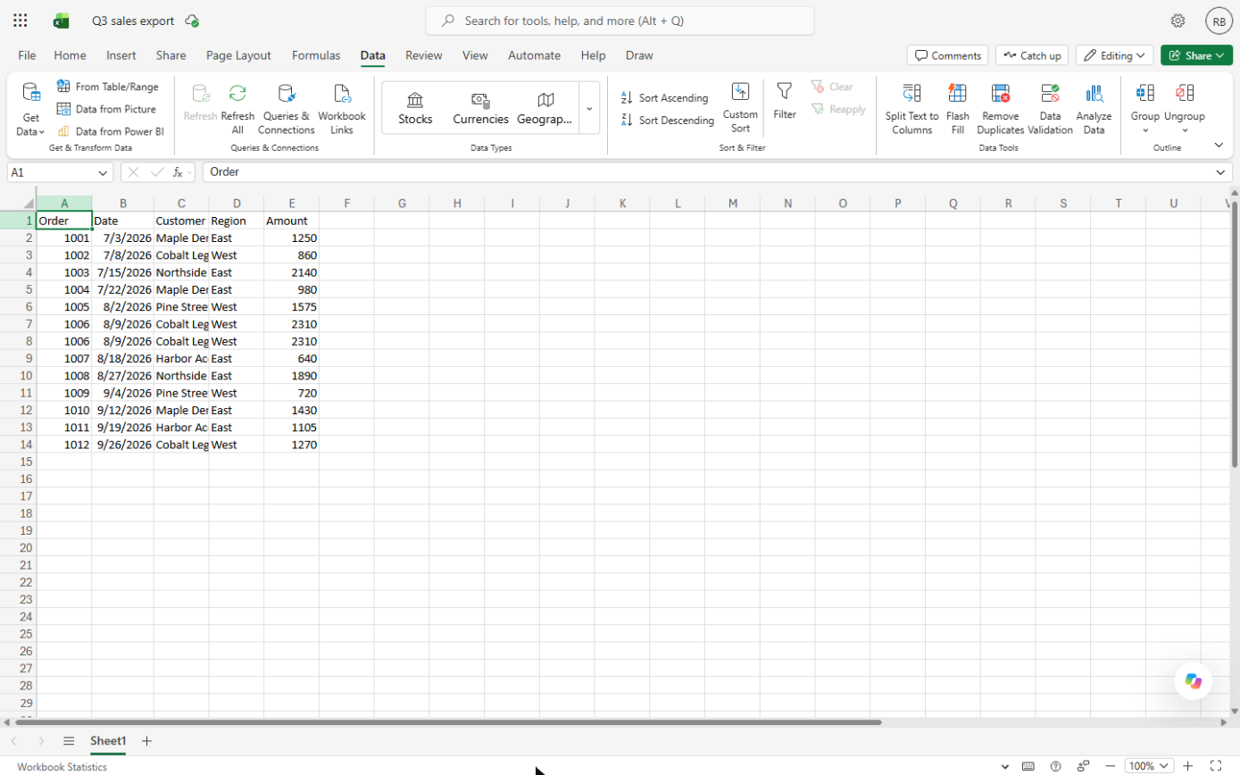 Excel for the web Data tab with Sort, Filter and Remove Duplicates