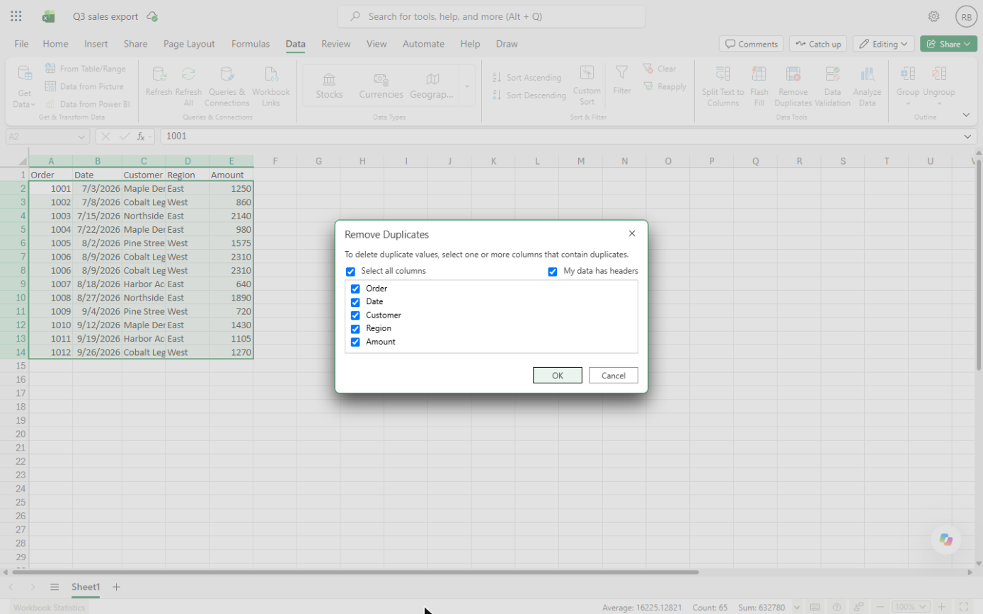 Remove Duplicates dialog in Excel for the web with all five columns and My data has headers ticked