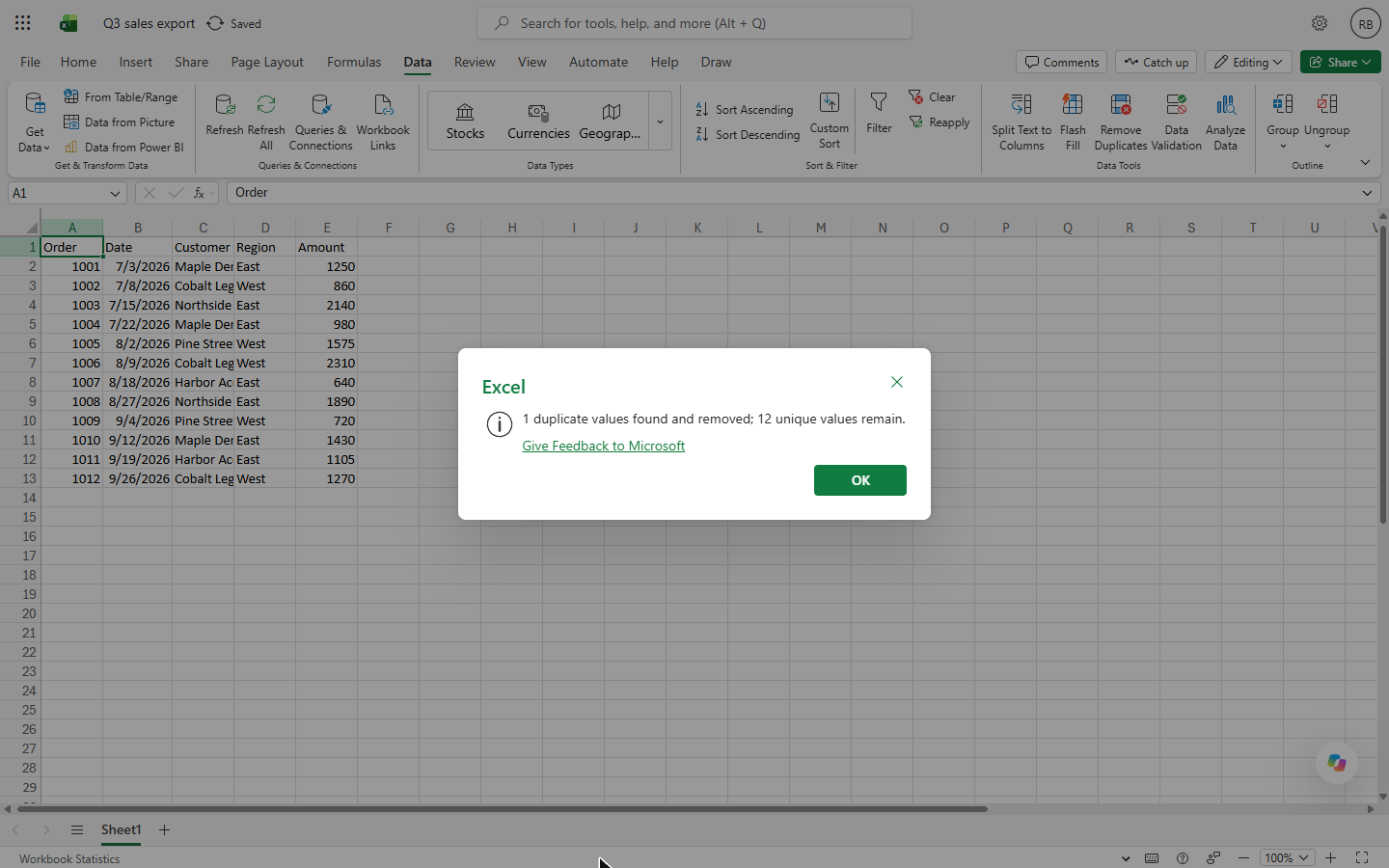 Excel message: 1 duplicate values found and removed; 12 unique values remain