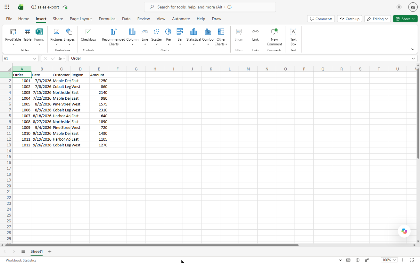 Excel for the web Insert tab with PivotTable, Table, charts and New Comment