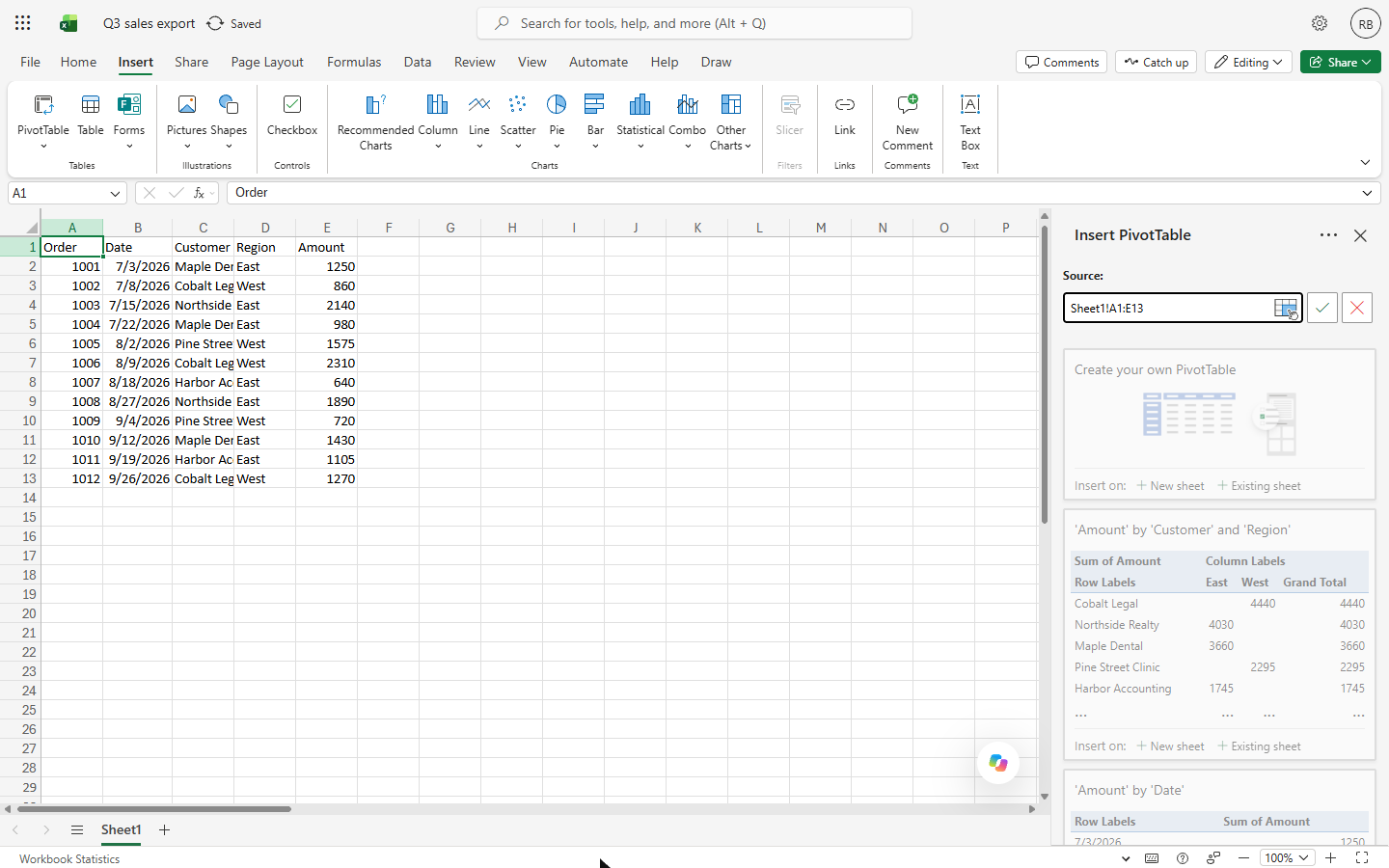 Insert PivotTable panel in Excel for the web: source Sheet1!A1:E13, Create your own PivotTable, New sheet and suggested PivotTables