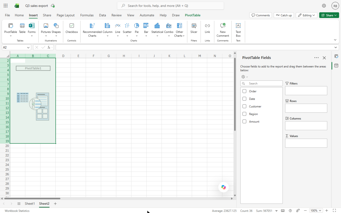 Empty PivotTable on Sheet2 with the PivotTable Fields list: Order, Date, Customer, Region and Amount