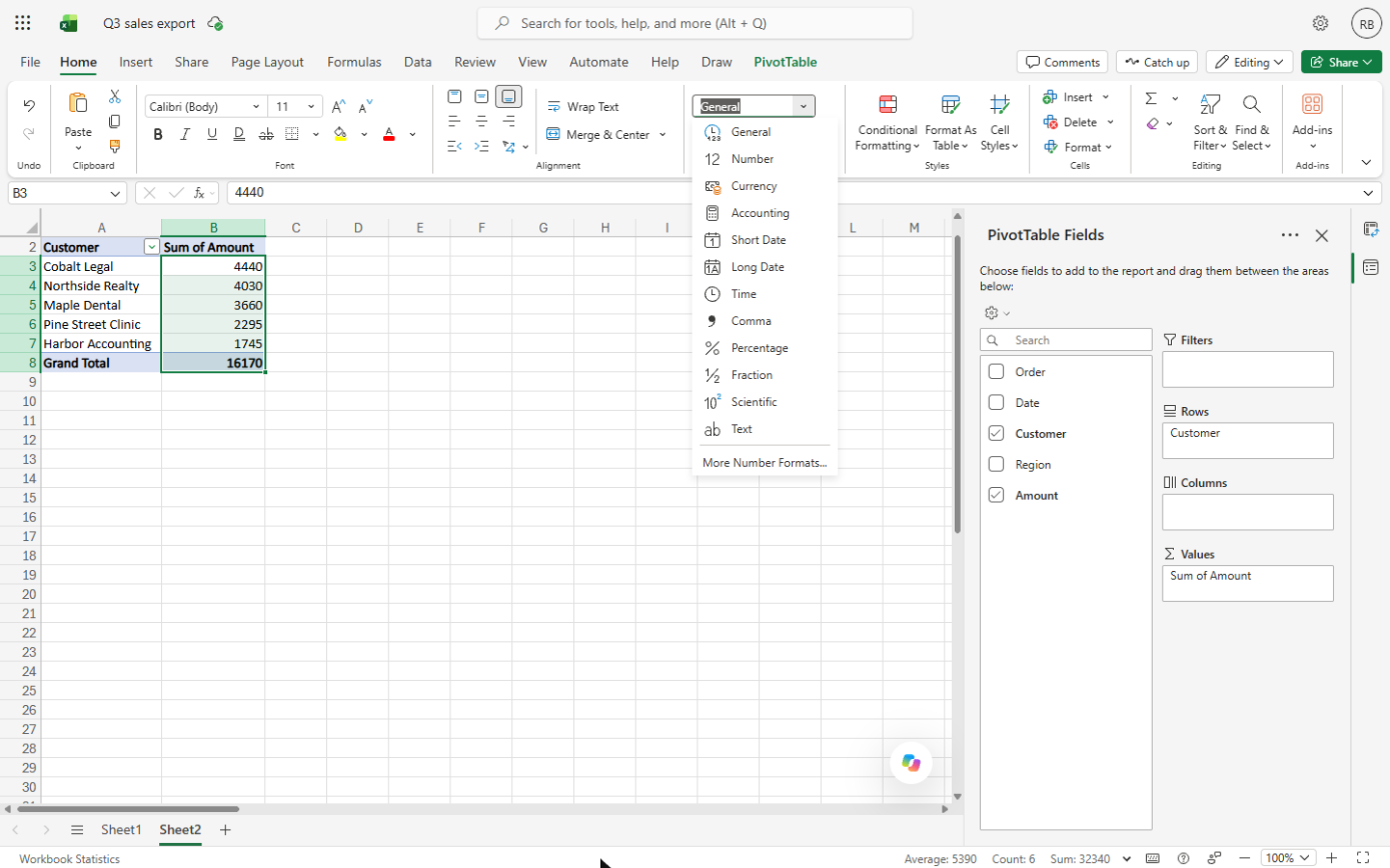 Excel for the web number format list with General, Number, Currency, Accounting and more