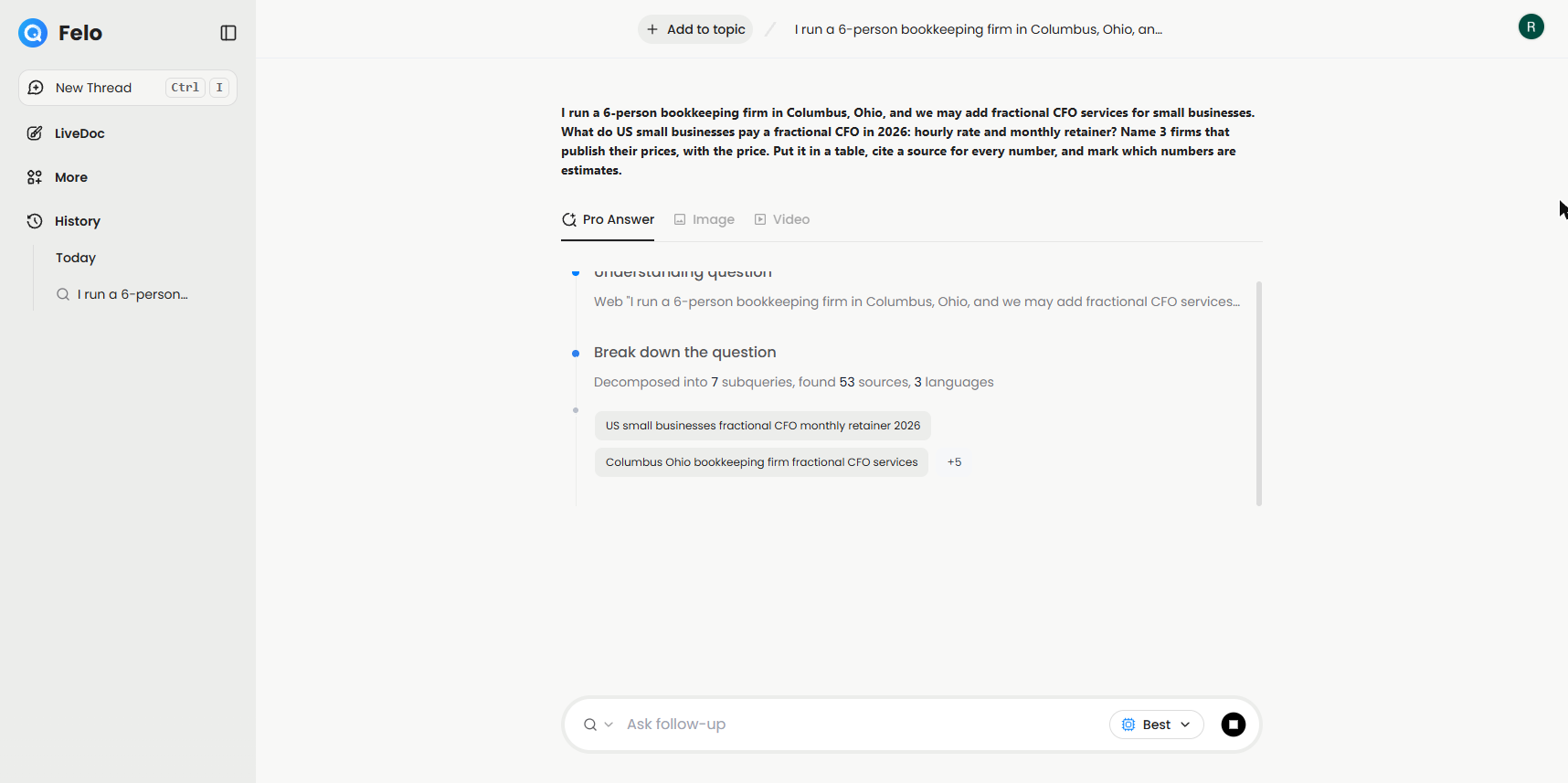 Felo Pro Answer working: Decomposed into 7 subqueries, found 53 sources, 3 languages