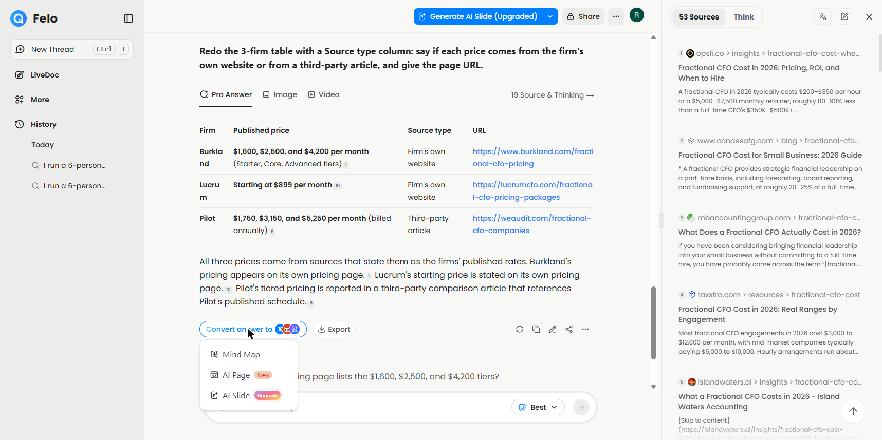 Felo Convert answer to menu with Mind Map, AI Page and AI Slide marked Upgrade