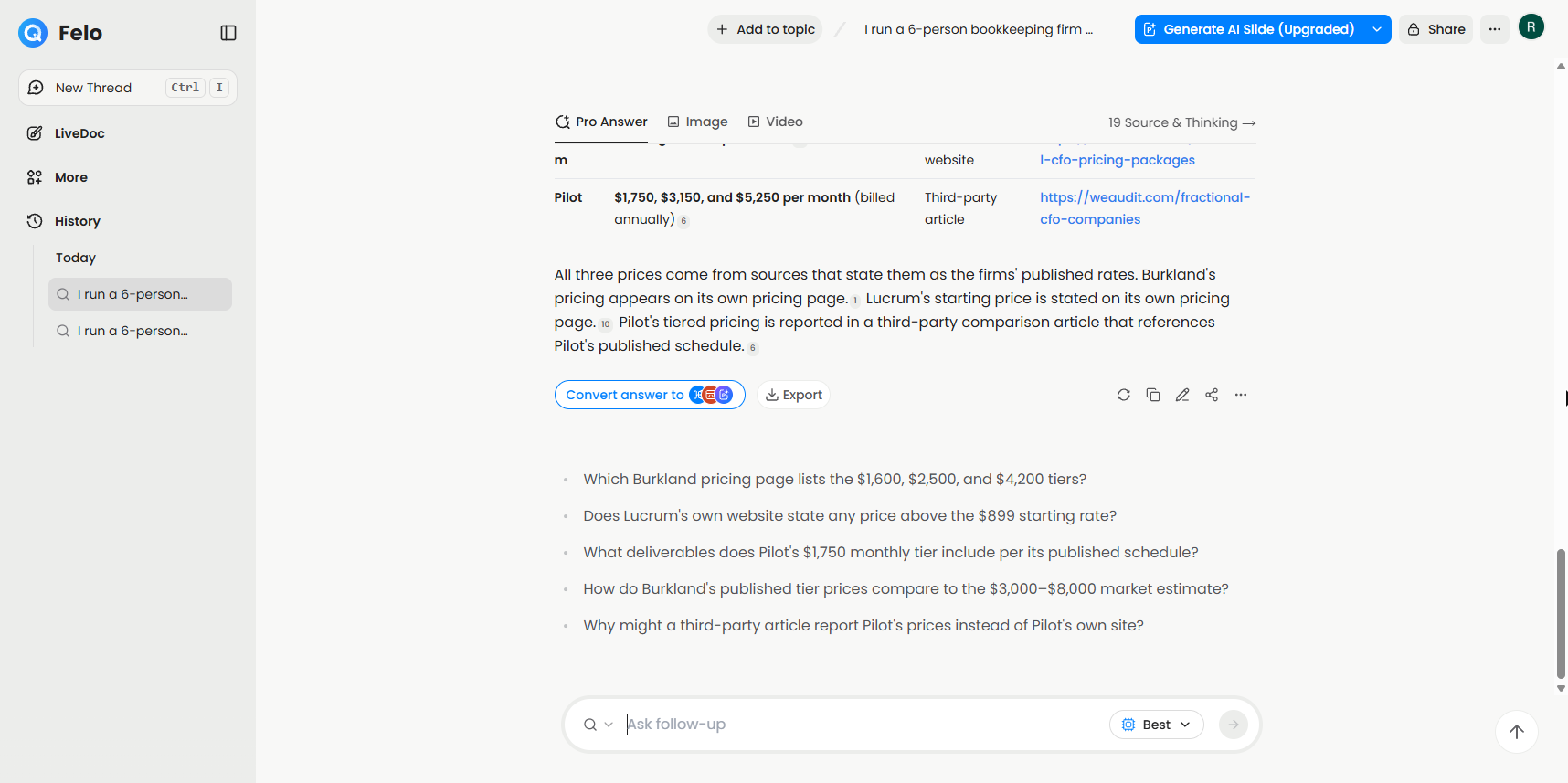 The end of Felo's follow-up answer with the Convert answer to and Export buttons and suggested follow-up questions