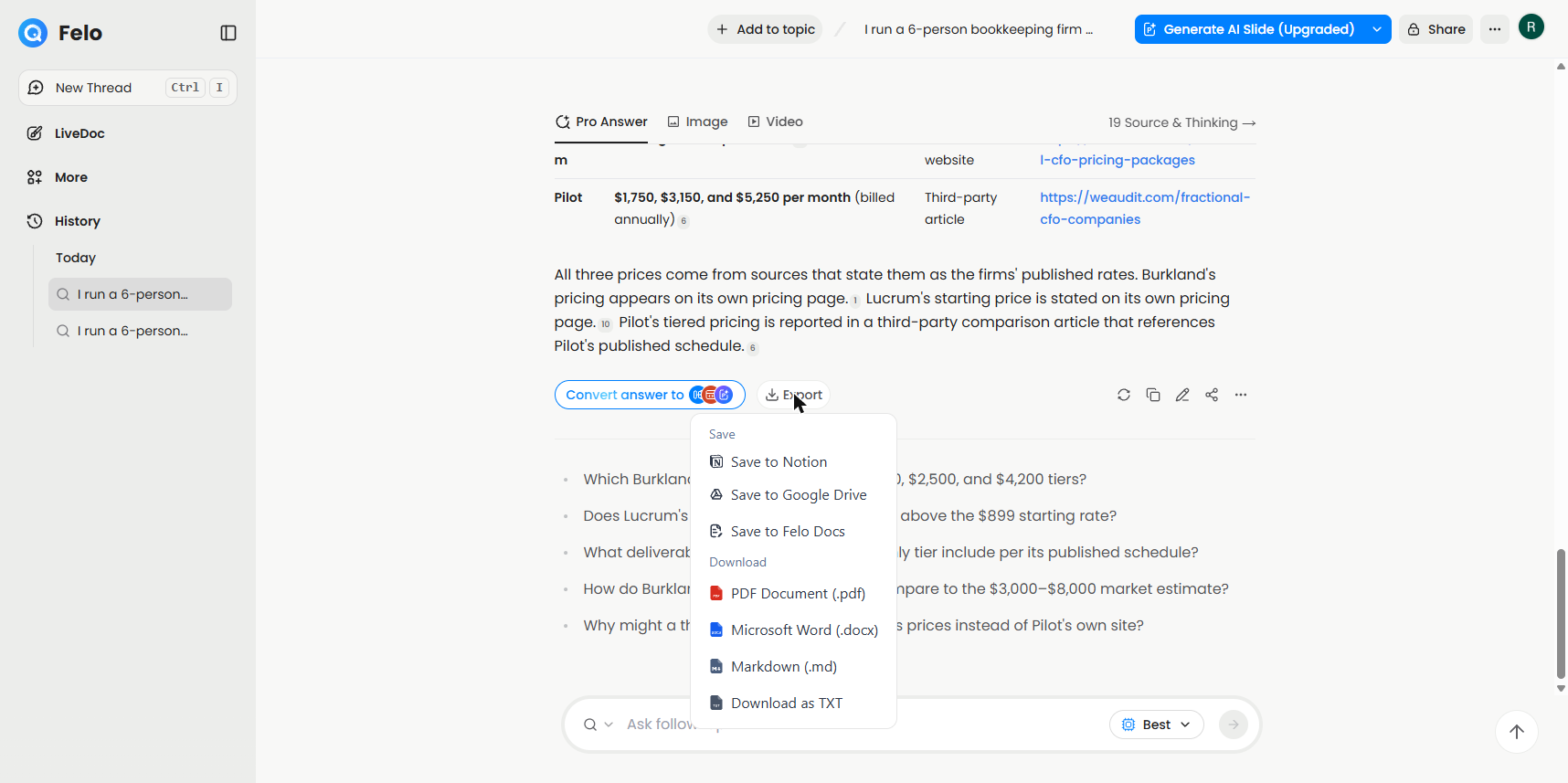 Felo Export menu: Save to Notion, Google Drive or Felo Docs, or download PDF, Word, Markdown or TXT