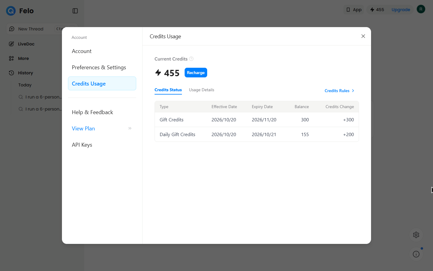 Felo Credits Usage showing 455 credits: 300 gift credits and 155 of 200 daily gift credits on the Free plan