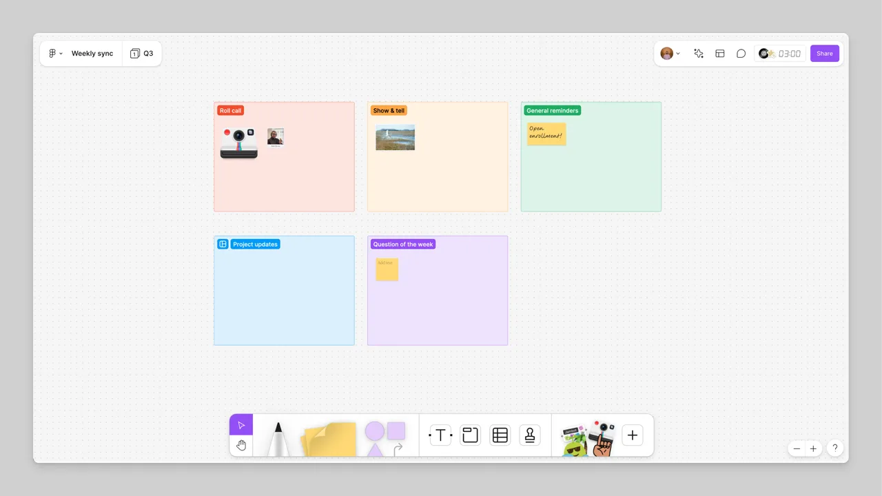 A finished FigJam meeting board with five colored sections: Roll call, Show & tell, General reminders, Project updates and Question of the week