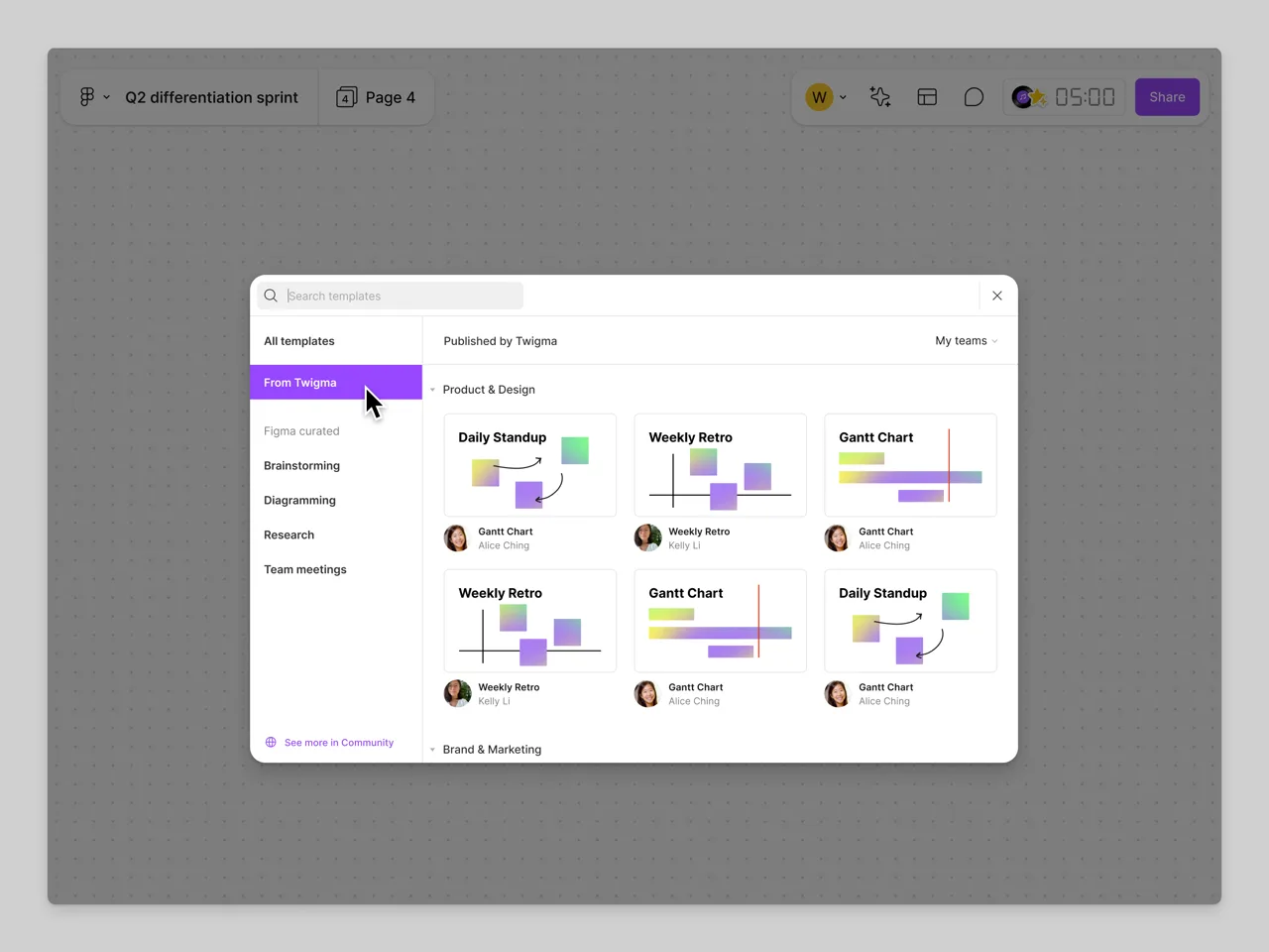 A new FigJam board with the templates picker open, showing template categories such as Brainstorming and Team meetings and a close button