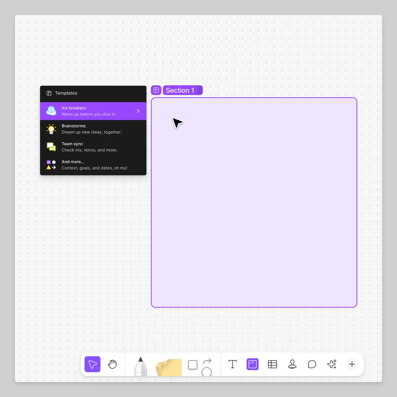 A new section drawn on a FigJam board, with the Section tool selected in the bottom toolbar and a Templates menu next to the section title
