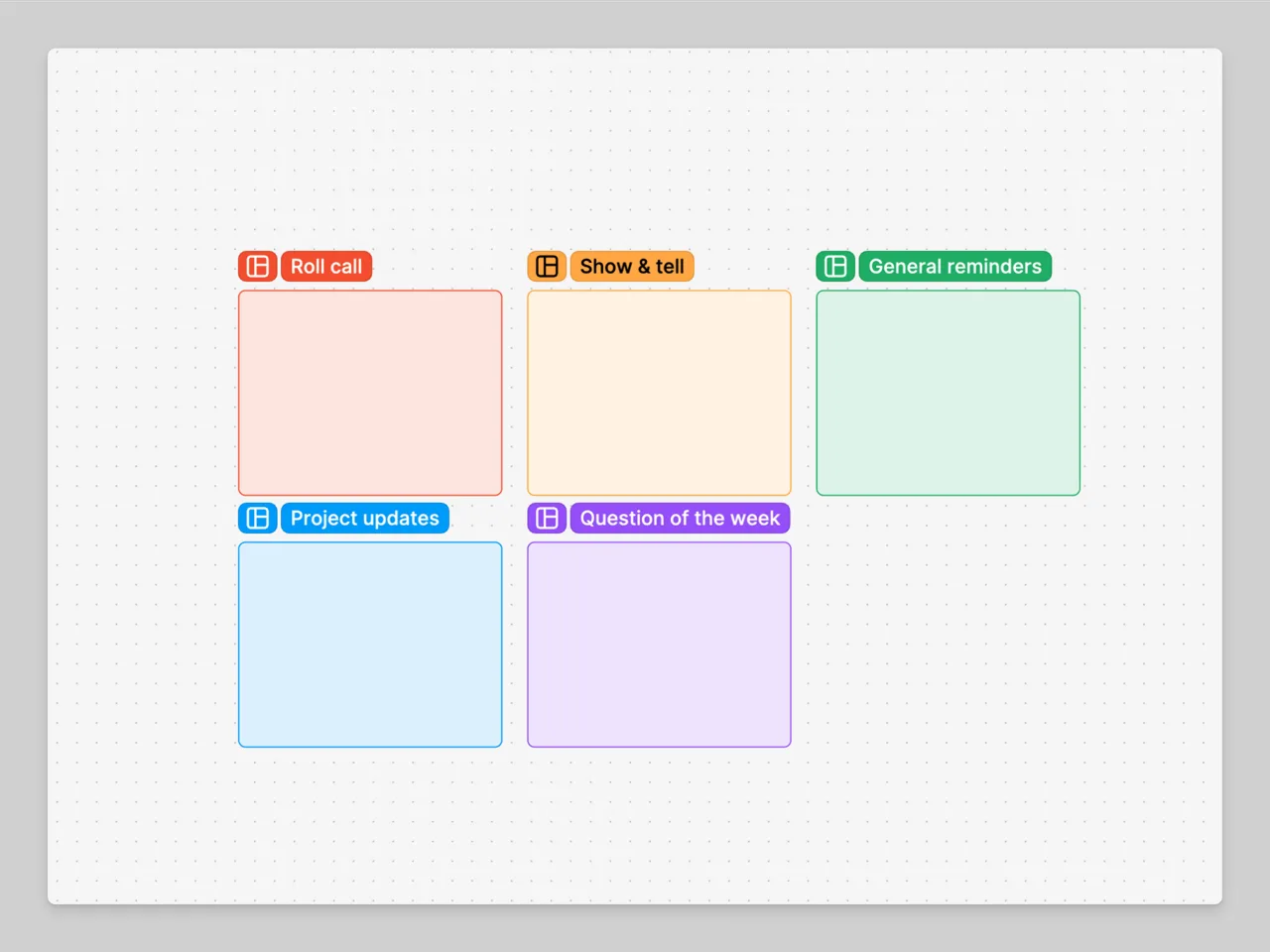 Five FigJam sections, each in its own color and renamed: Roll call, Show & tell, General reminders, Project updates and Question of the week