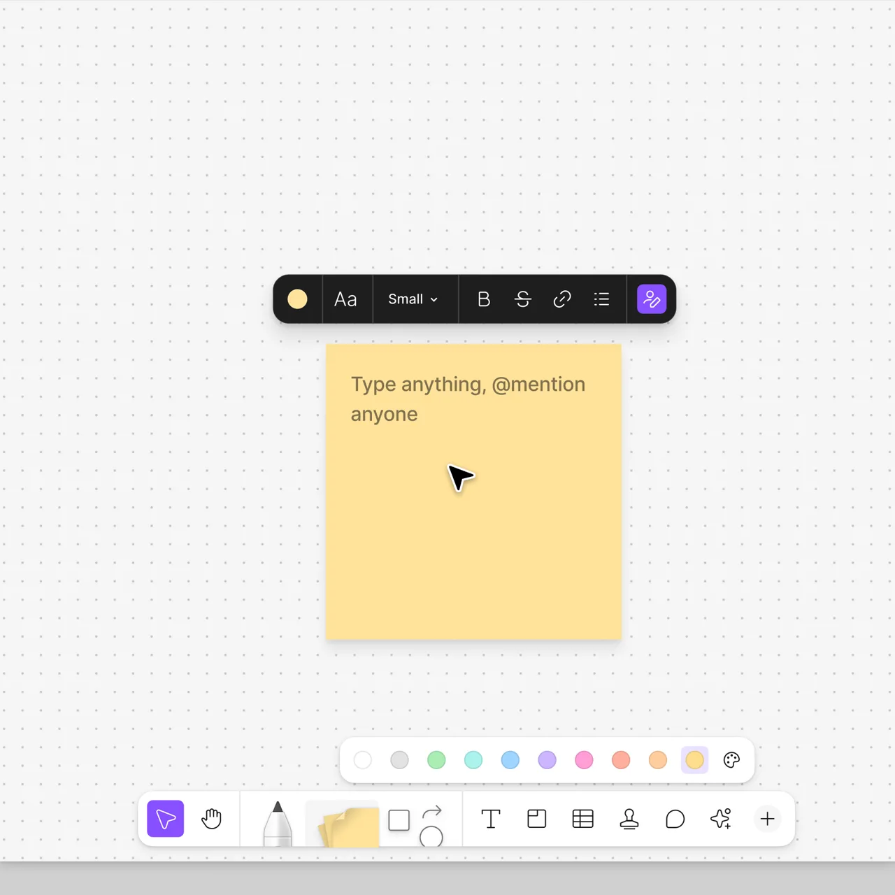 A yellow sticky note on a FigJam board with its formatting bar, the sticky color row and the stack of stickies in the toolbar