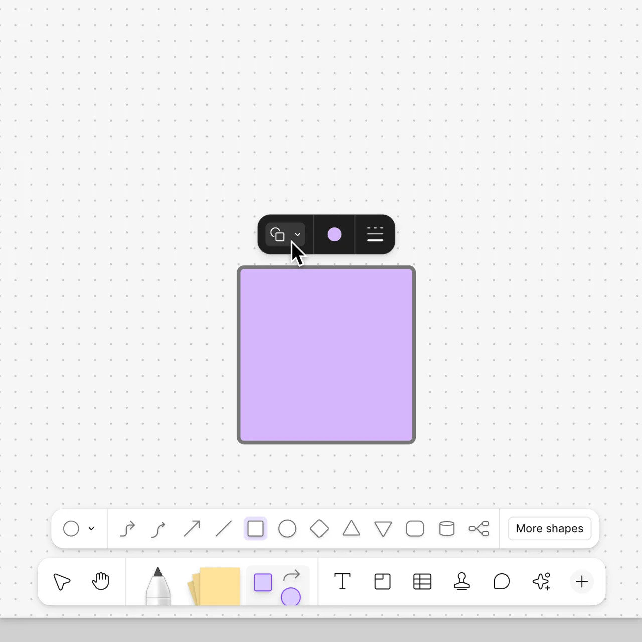 A square shape on a FigJam board with the shape menu open, showing connector types and basic shapes above the toolbar