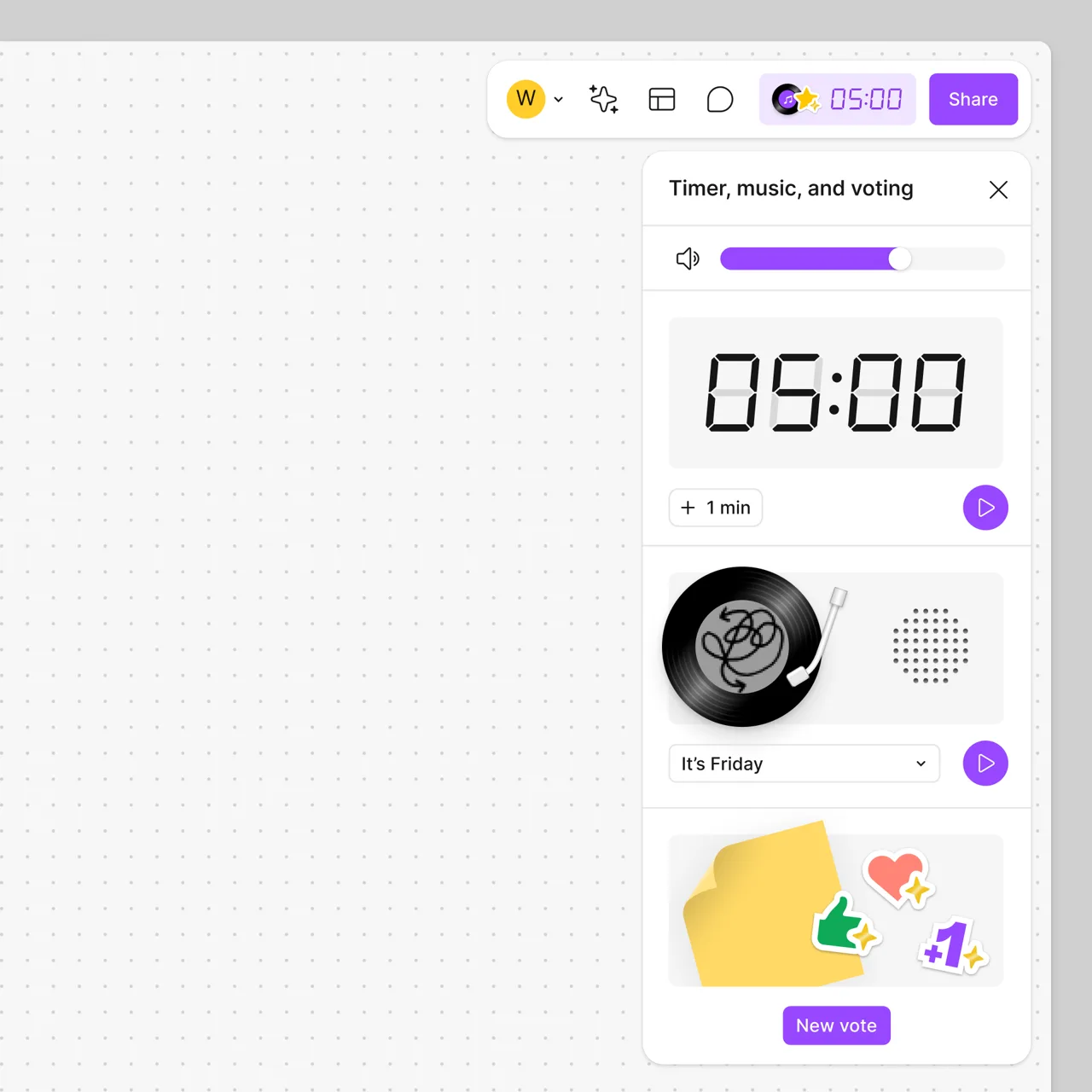 The FigJam Timer, music, and voting panel with a 05:00 timer, a play button, a music player and a New vote button