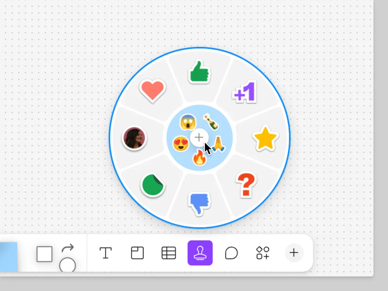 The FigJam stamp wheel open over the board, with thumbs up, +1, star, heart and other stamps, and the Stamp tool selected