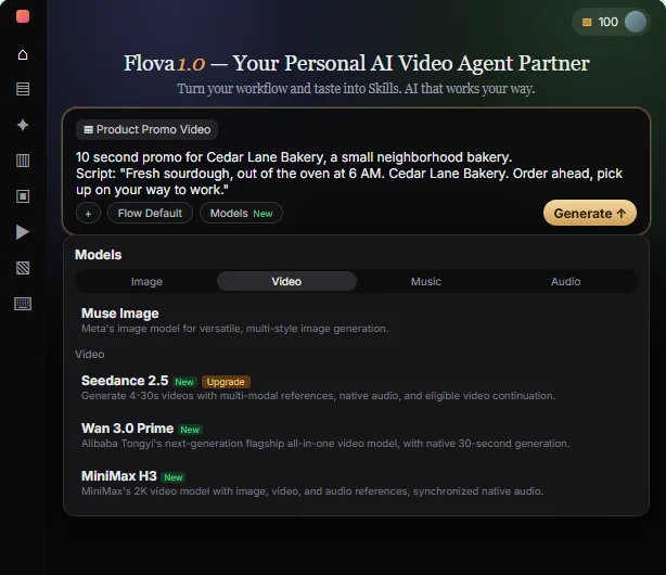 Practice copy of Flova's Home screen with the Product Promo Video skill tag, a pasted ten-second bakery script in the prompt box and the Models menu open with Seedance 2.5 marked Upgrade