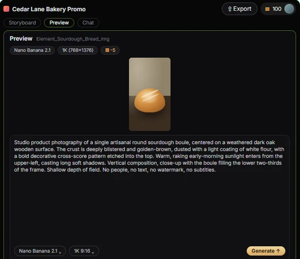 Flova's Preview with the sourdough reference image above the full text prompt Flova wrote for the image model, with a Prompt button