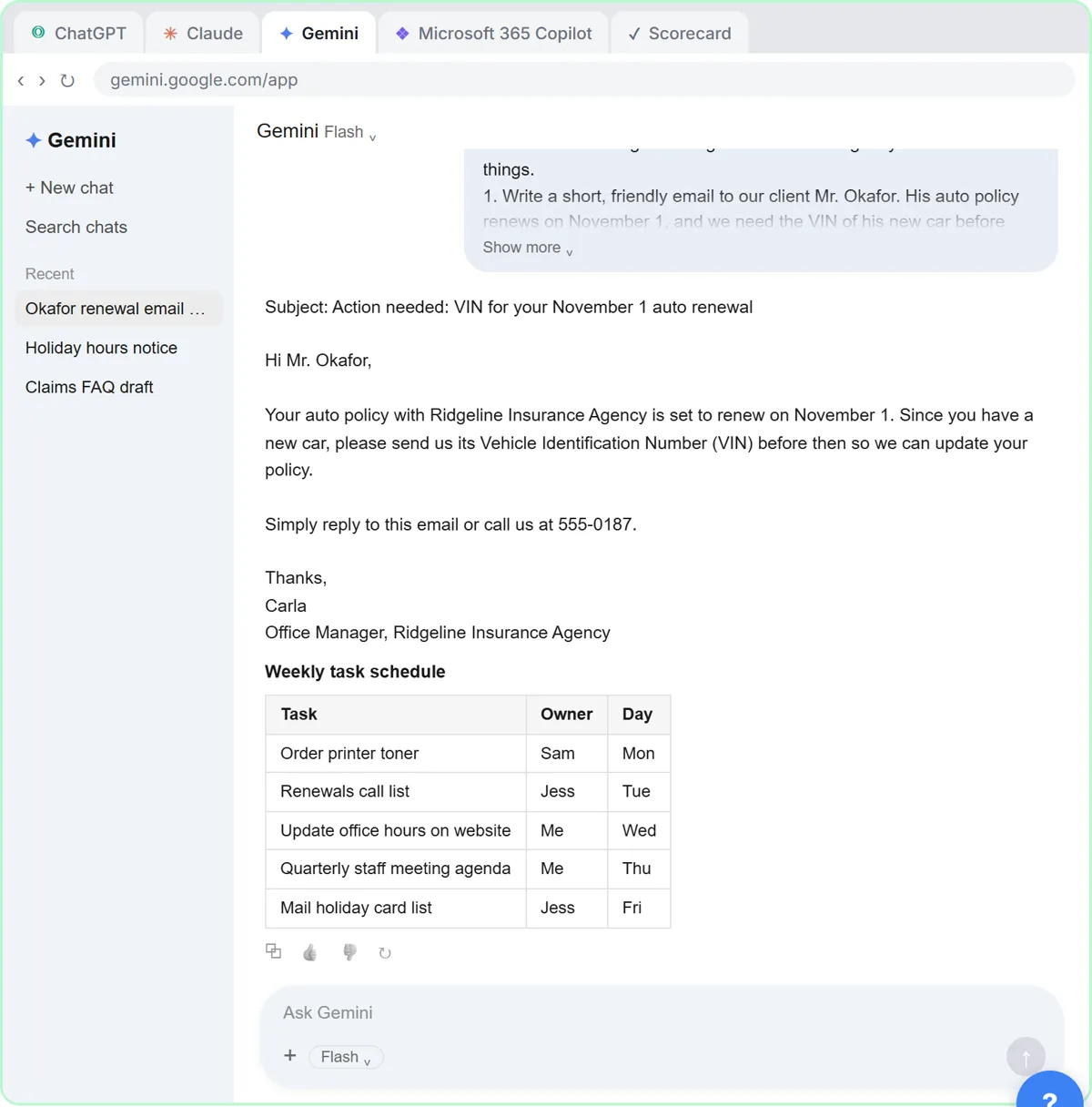 Gemini's answer to the same task, with an action subject line and a weekly task table