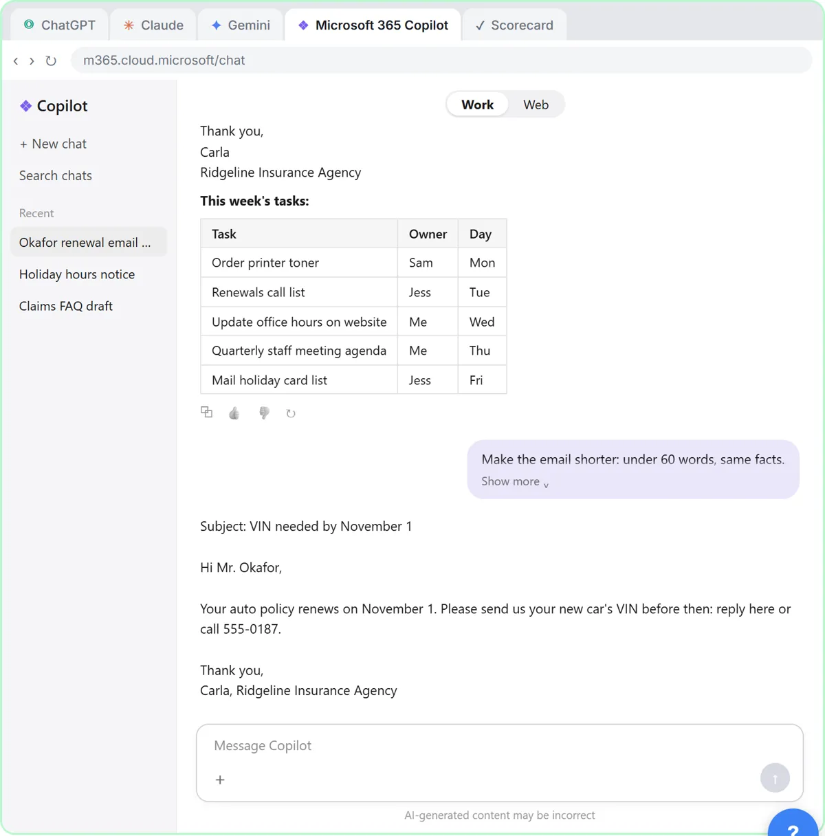Microsoft 365 Copilot Chat on Work, rewriting the email under 60 words after a follow-up request
