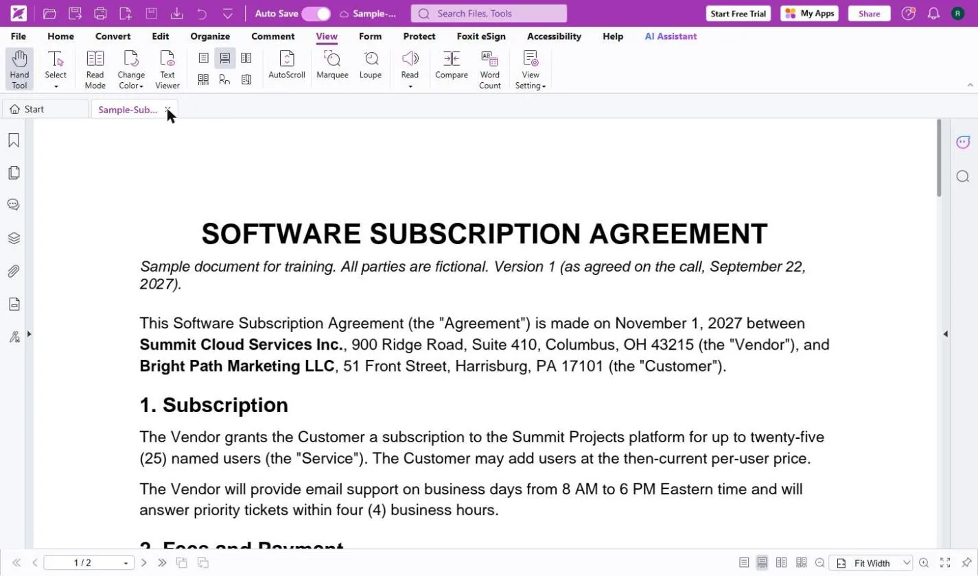 Version 1 of the sample subscription agreement open in Foxit PDF Editor Cloud, with the View tab and its Compare button