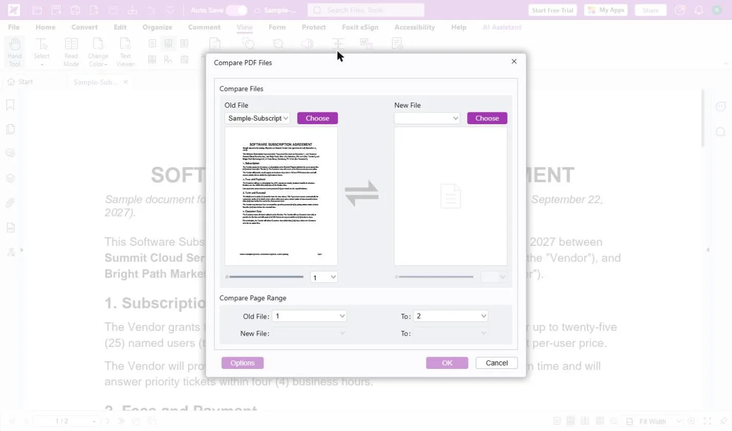 Foxit's Compare PDF Files dialog with the open file set as the Old File and a Choose button under New File