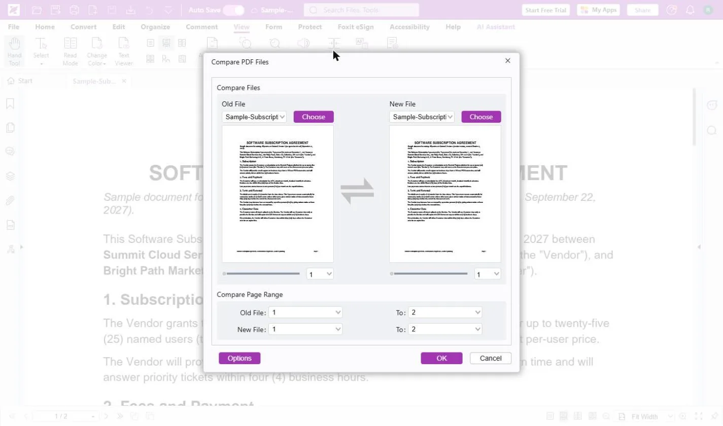 Compare PDF Files with version 1 as the Old File, version 2 as the New File and pages 1 to 2 set for both