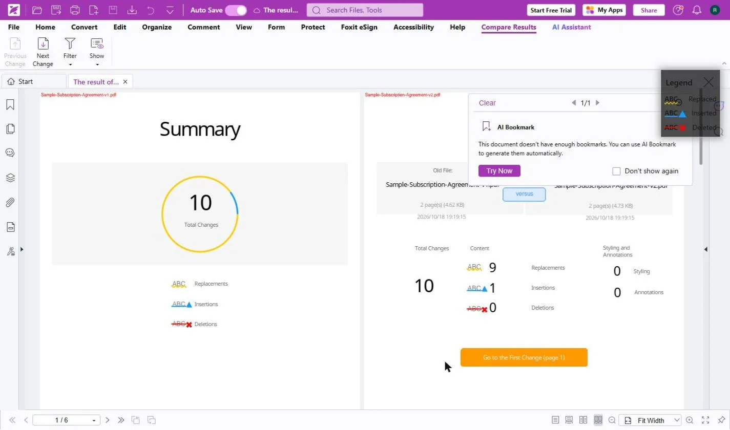 Foxit comparison summary: 10 total changes, 9 replacements, 1 insertion and 0 deletions