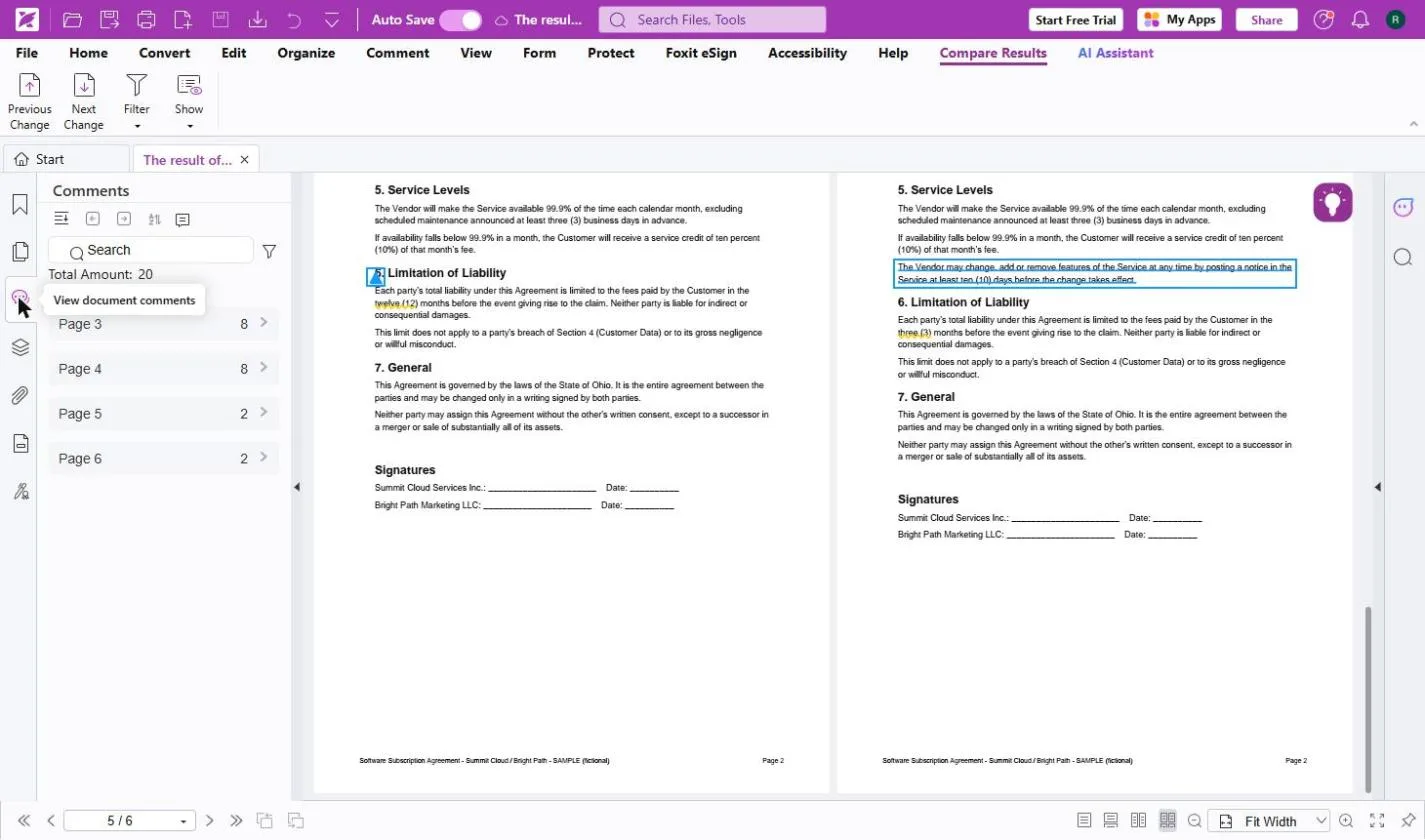 Foxit Comments panel for the comparison result: 20 marks grouped by page