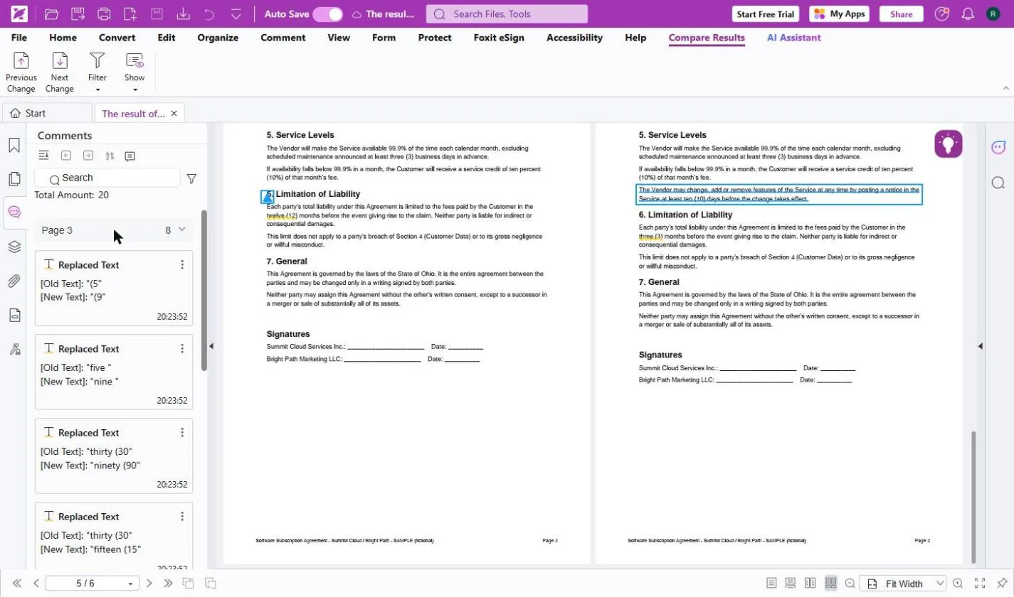 Foxit comment cards listing Replaced Text with the old and new text, such as five to nine and thirty to ninety