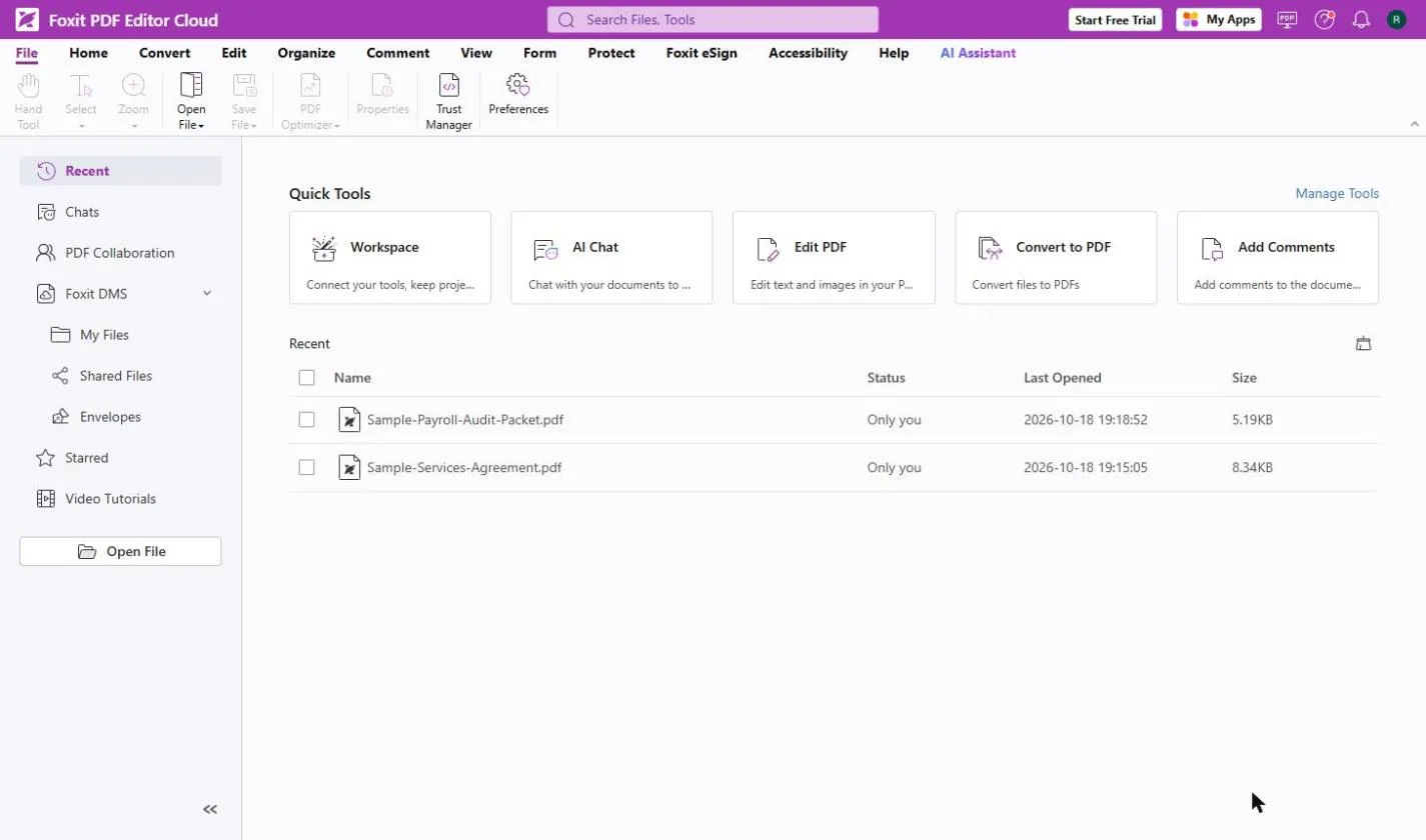 Foxit PDF Editor Cloud start page with Quick Tools, a Recent files list and the Open File button