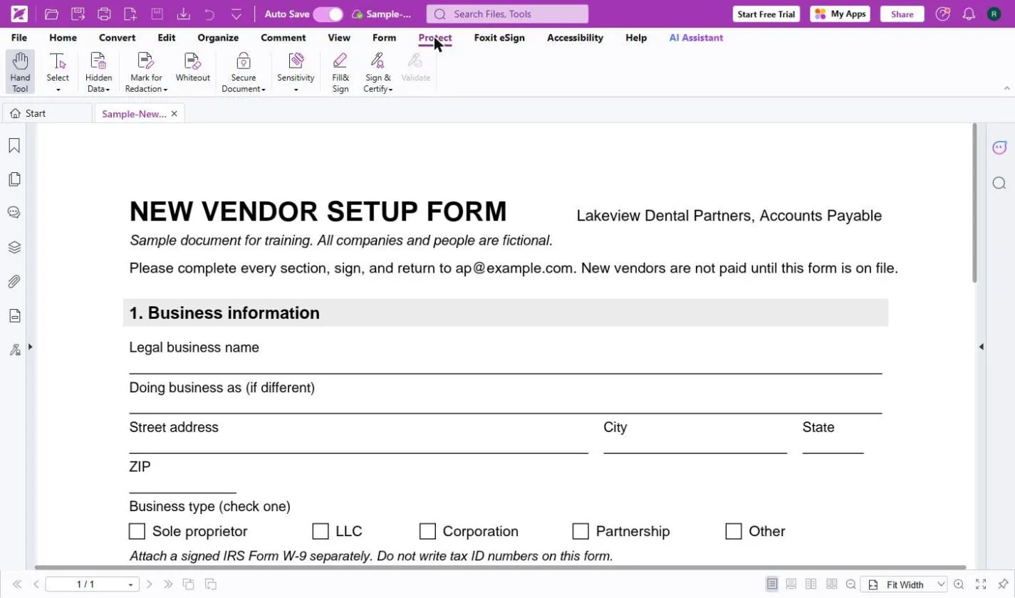 A flat New Vendor Setup Form open in Foxit PDF Editor Cloud on the Protect tab, with the Fill & Sign button