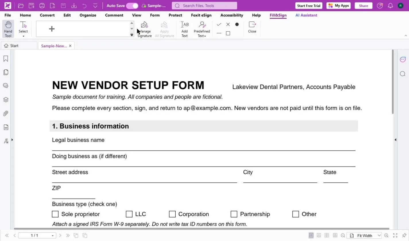 Foxit's Fill&Sign toolbar: a plus to create a signature, Manage Signature, Add Text, Predefined Text and check, cross and dot marks