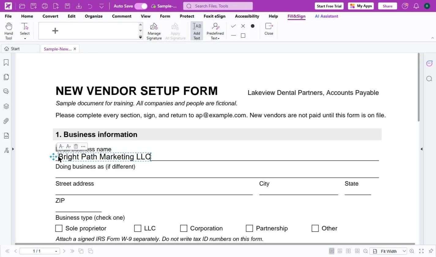 Bright Path Marketing LLC typed on the Legal business name line of the form with Add Text