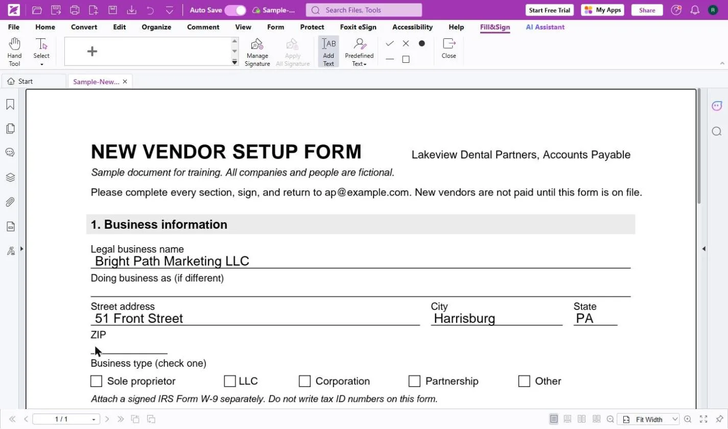 The form's address lines filled in with Fill & Sign: 51 Front Street, Harrisburg, PA
