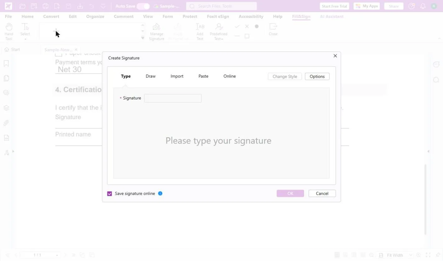 Foxit's Create Signature dialog on the Type tab, with Draw, Import, Paste and Online options and Save signature online