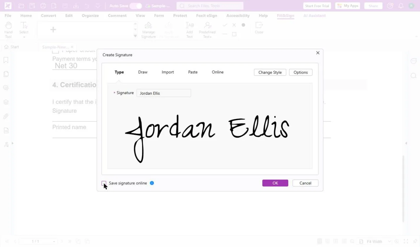 A typed signature for Jordan Ellis shown in a handwriting style, with Save signature online unticked