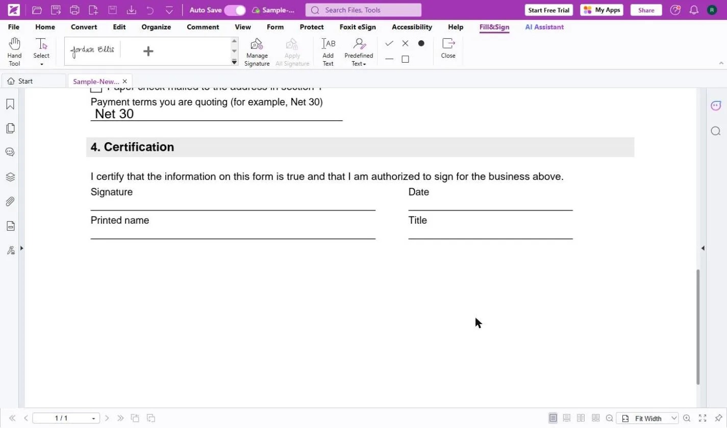 The new signature in the Fill&Sign toolbar, above the form's Certification section