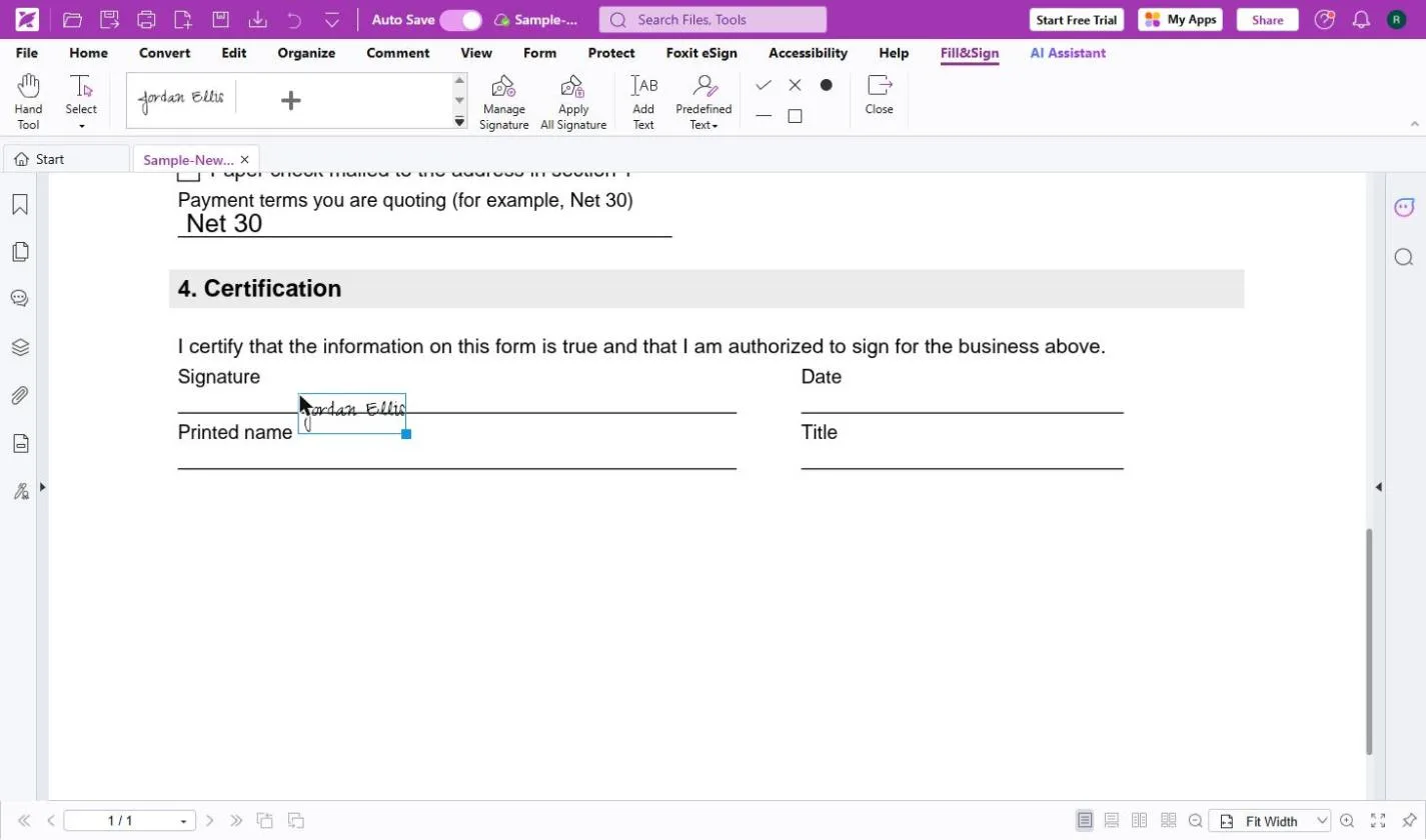 The signature placed on the form's Signature line, with Apply All Signature now available